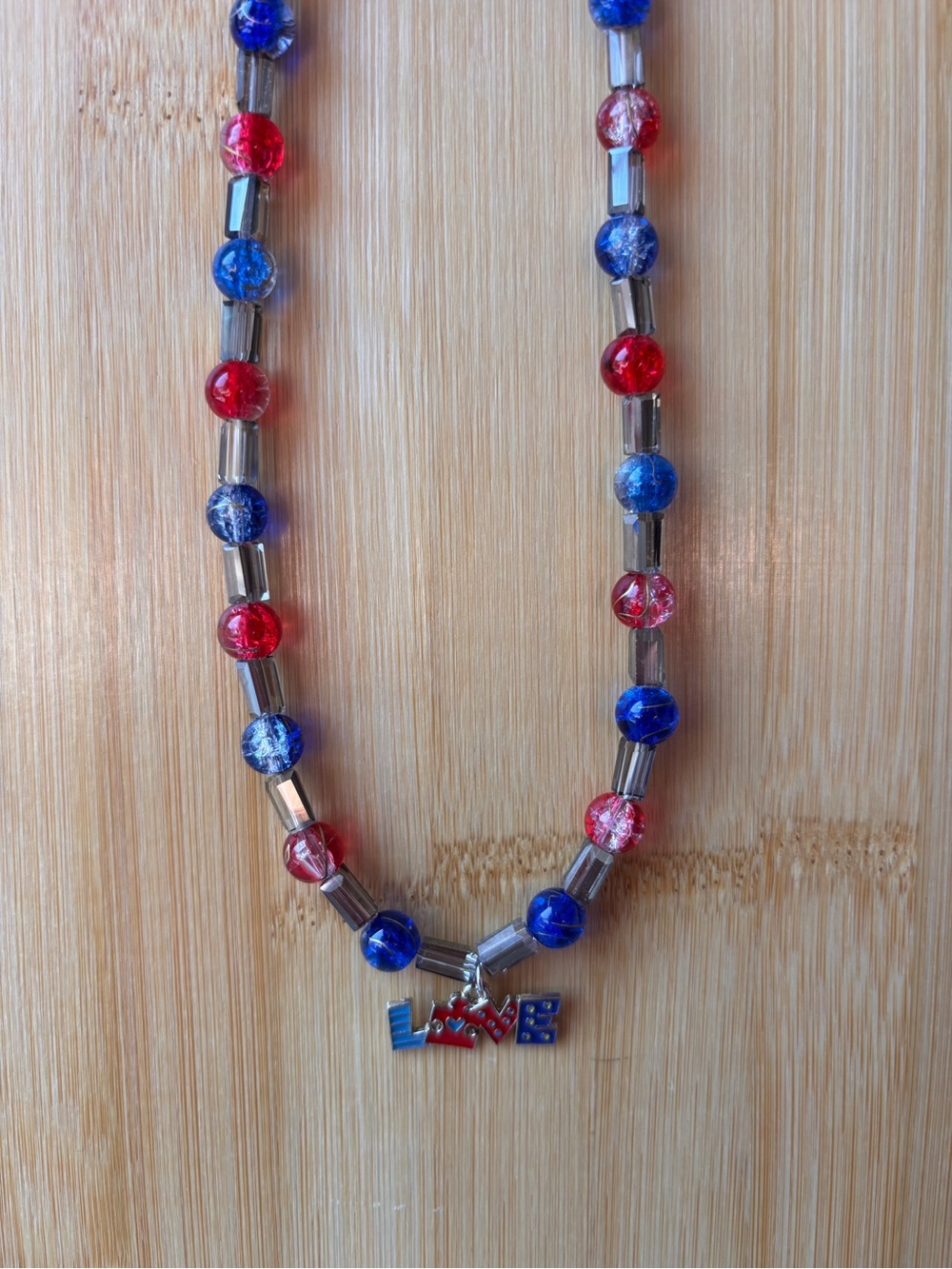 Patriotic Red & Blue Beaded Autism Awareness LOVE Necklace